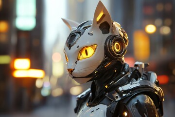 Robot cat with realistic body on blurred background. Cute robotic pet. Futuristic mechanical animal, metal cyborg. Modern technologies and artificial intelligence concept. Cyberpunk, post apocalyptic