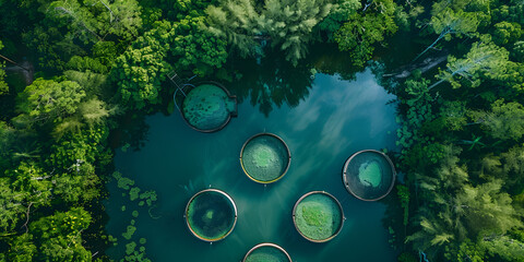 Aerial view of circular fish farms in a green forested area with a blue water body.