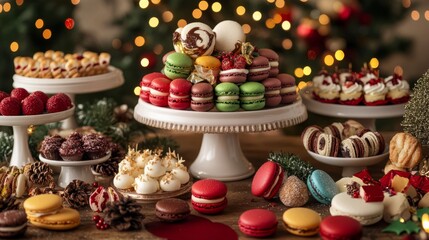 A large chocolate cake topped with festive  A holiday dessert spread with mini cheesece A holiday buffet table filled with appetize