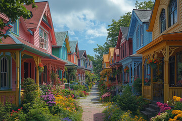 Obraz premium Colorful Victorian Houses Line A Blooming Street