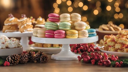 Fototapeta premium A large chocolate cake topped with festive A holiday dessert spread with mini cheesece A holiday buffet table filled with appetize