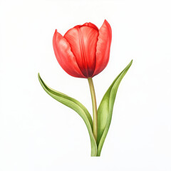 Obraz premium vibrant red tulip flower with green leaves, beautifully illustrated in watercolor. This artwork captures essence of spring and nature beauty