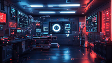 High-tech control room with illuminated screens and futuristic equipment in a dark environment. Generative AI