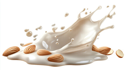 milk splash with almond nuts with isolated on a white background