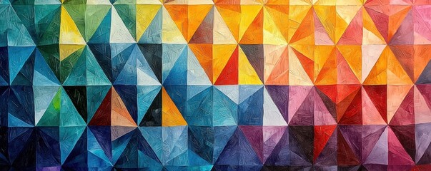 Fototapeta premium A vibrant, geometric artwork featuring colorful triangular patterns in shades of blue, orange, pink, and yellow, creating a dynamic visual experience.