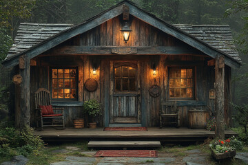 Rustic Wooden Cabin Nestled In A Misty Forest