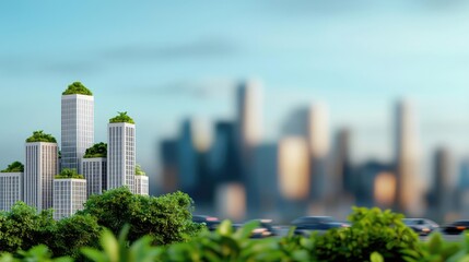 Fototapeta premium Green skyscrapers surrounded by modern cityscape with blurred background.