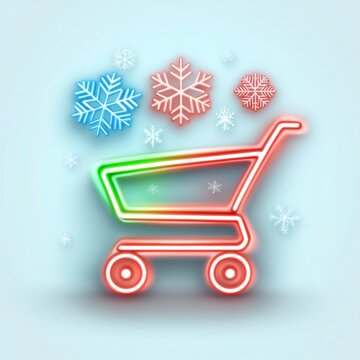 Minimalist glowing shopping cart surrounded by snowflakes