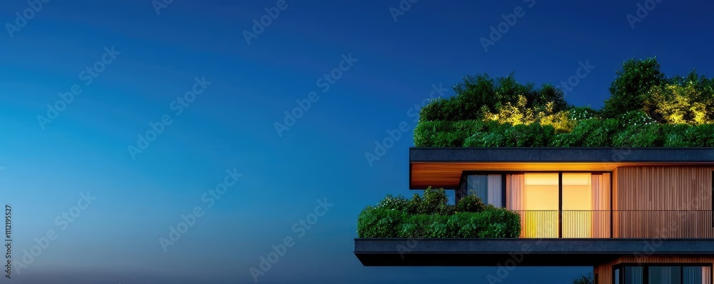 Aufkleber modern architectural design with greenery on a balcony against a twilight sky.