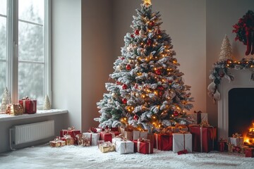 Christmas tree illuminating presents in cozy living room