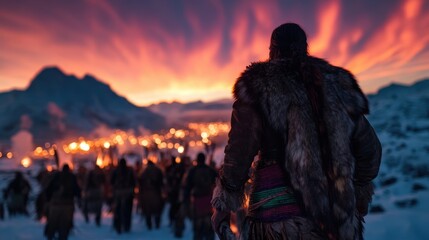 A Viking leader gazes towards a distant city during a stunning sunset, capturing the essence of adventure and the historical context of exploration and bravery.