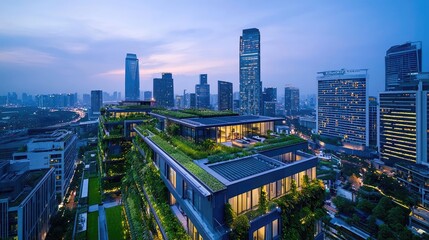 Modern urban skyline at twilight with green rooftop gardens.