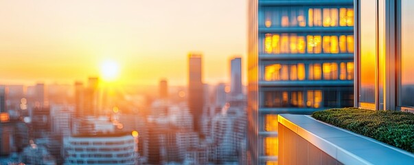City skyline at sunset with modern buildings and greenery on the rooftop.