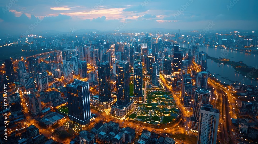 Poster aerial view of a vibrant cityscape illuminated at dusk with towering skyscrapers.
