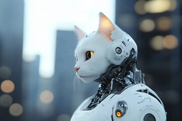 Robot cat with realistic body on blurred background. Cute robotic pet. Futuristic mechanical animal, metal cyborg. Modern technologies and artificial intelligence concept. Cyberpunk, post apocalyptic