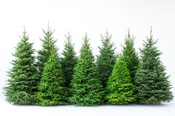 Fototapeta premium Christmas trees standing in a row on white background