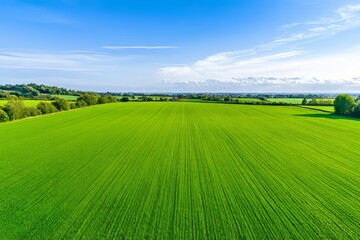 Obraz premium The field at sunset seen from the sky. Agricultural landscape photographed by a drone. Airborne view of farming.