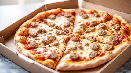 Delicious pizza with meatballs in a takeaway box, close-up view, white background.
