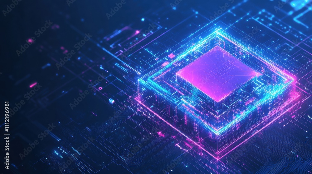 Poster A digital AI chip within an abstract tech brain on a dark blue background, showcasing advanced artificial intelligence. Generative AI
