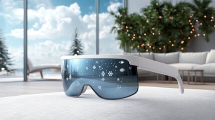 Sleek augmented reality glasses showcasing floating Christmas sale icons in a cozy indoor setting