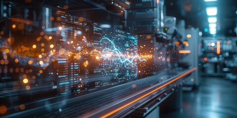 Futuristic laboratory with glowing data streams, holographic analytics, and advanced technology