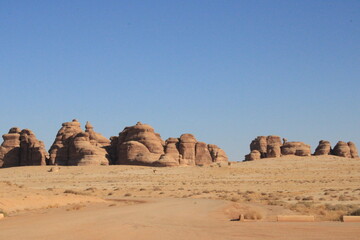 A beautiful view of thousands of years old rocks in the archaeological area of ​​AlUla, Madain...