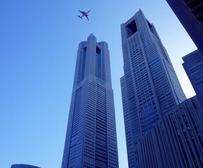 Obraz premium Tall Modern Skyscrapers Against Clear Blue Sky with Airplane Flying Above in Urban Cityscape of Tokyo, Japan Showcasing Architectural Beauty and Urban Life