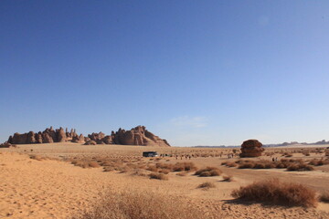 A beautiful view of thousands of years old rocks in the archaeological area of ​​AlUla, Madain...