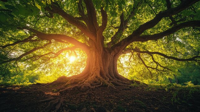 Majestic old tree standing tall with sunlight filtering through its branches