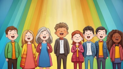 Obraz premium Animated depiction of a multicultural choir singing in harmony, vibrant church details, 4K cartoon animation style