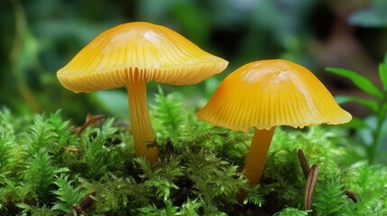 Fototapeta premium Two Vibrant Yellow Mushrooms Growing Among Green Moss