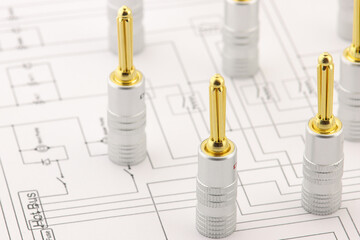  Banana connector for connecting the speaker system to an audio amplifier. Soft focus.