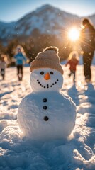 Obraz premium Family enjoying a snowy day with a snowman and sunny mountains
