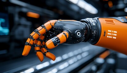 Naklejka premium Industrial machine with automatic robotic arm, modern smart factory automation, Industrial 4.0 manufacturing, and stock.