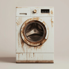 Dirty and aged washing machine with visible stains and wear in indoor setting