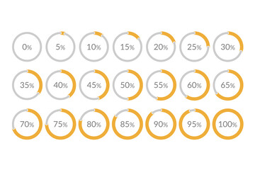 5 10 15 20 25 30 35 40 45 50 55 60 65 70 75 80 85 90 95 100 percent isolated pie chart. Vector infographic gradient icon set for business, finance, web design, download, progress