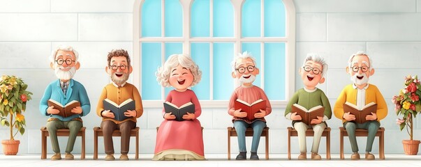 Elderly choir group singing passionately, warm and inviting church setting, 4K cartoon animation style