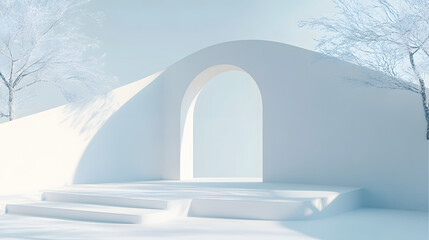 A serene snow-covered landscape featuring a minimalist white archway and frosted trees under a soft, pale blue sky..