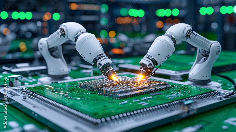 Poster state-of-the-art high-precision robot arms operating on a fully automated pcb assembly line within a