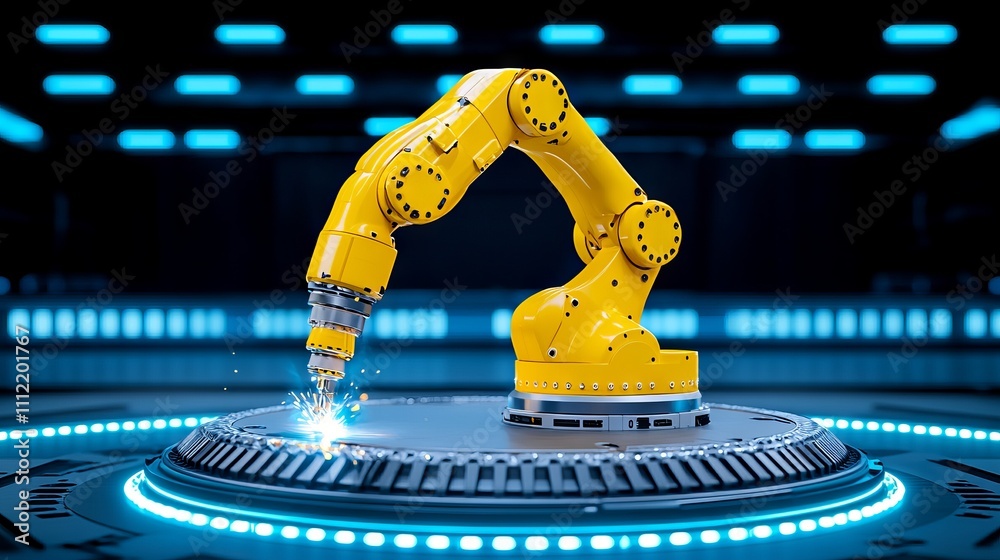 Poster an industrial robot functions automatically within a smart autonomous factory. stock illustration.