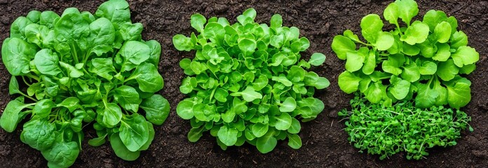 A close-up top view of various microgreens. The seed sprouts are green. This eco-friendly vegan banner promotes a healthy lifestyle. It features a green natural background texture and highlights the