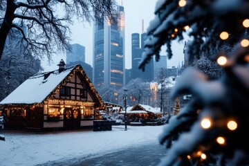 festive urban market, urban square, adorned with towering snow-capped buildings, now hosts a charming christmas market