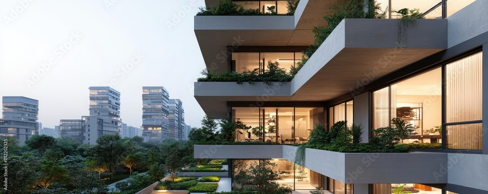 Poster modern architectural design with greenery on balconies in urban setting.