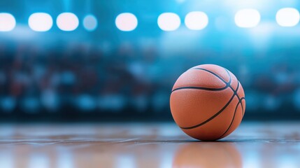 Obraz premium Basketball on wooden court with blue lights. Sport game equipment