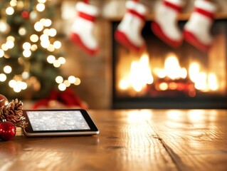 Warm living room where stockings hang by the fire