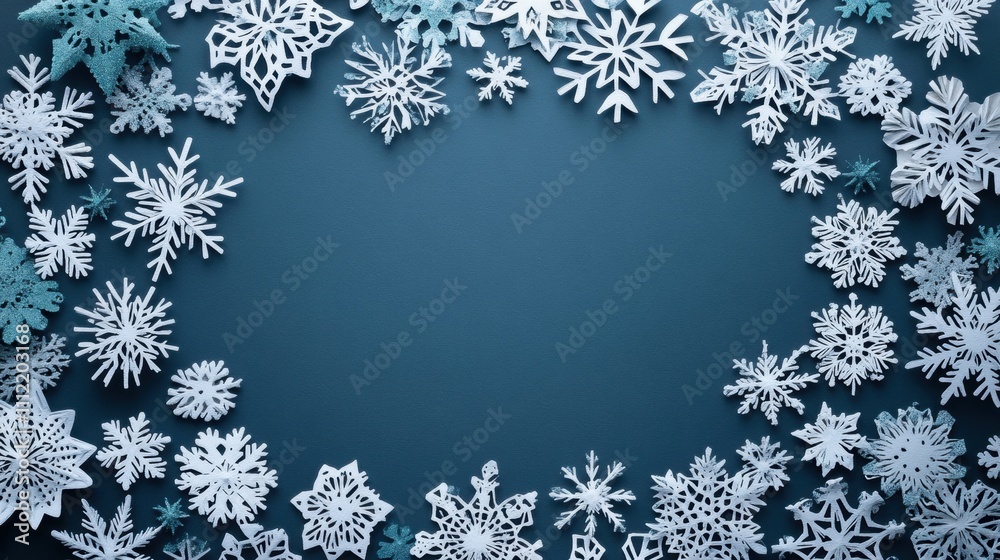 Poster Delicate handcrafted paper snowflakes surround an empty space, perfect for adding personalized winter greetings or festive notes. Generative AI