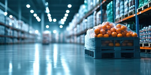 Oranges in plastic crate inside warehouse with lights. Food distribution logistics