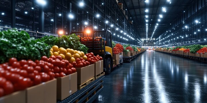 Fresh produce in warehouse with forklift and lights. Food distribution logistics
