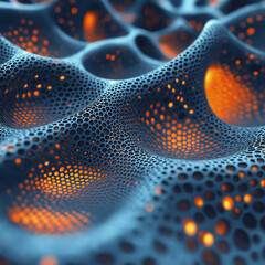 close up view of textured surface with intricate patterns and glowing elements, showcasing blend of blue and orange hues. design evokes sense of depth and complexity