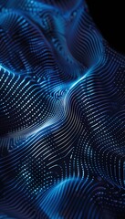 Blue glowing wave lines on black background with copy space. Technology visualization concept